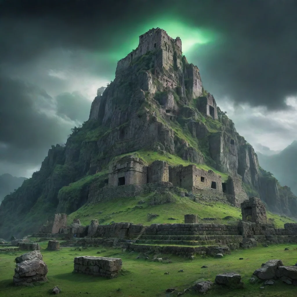  amazing an abandoned mountainsurrounded by gray cloudscovered by ancient ruins illuminated by misterius green lights fro