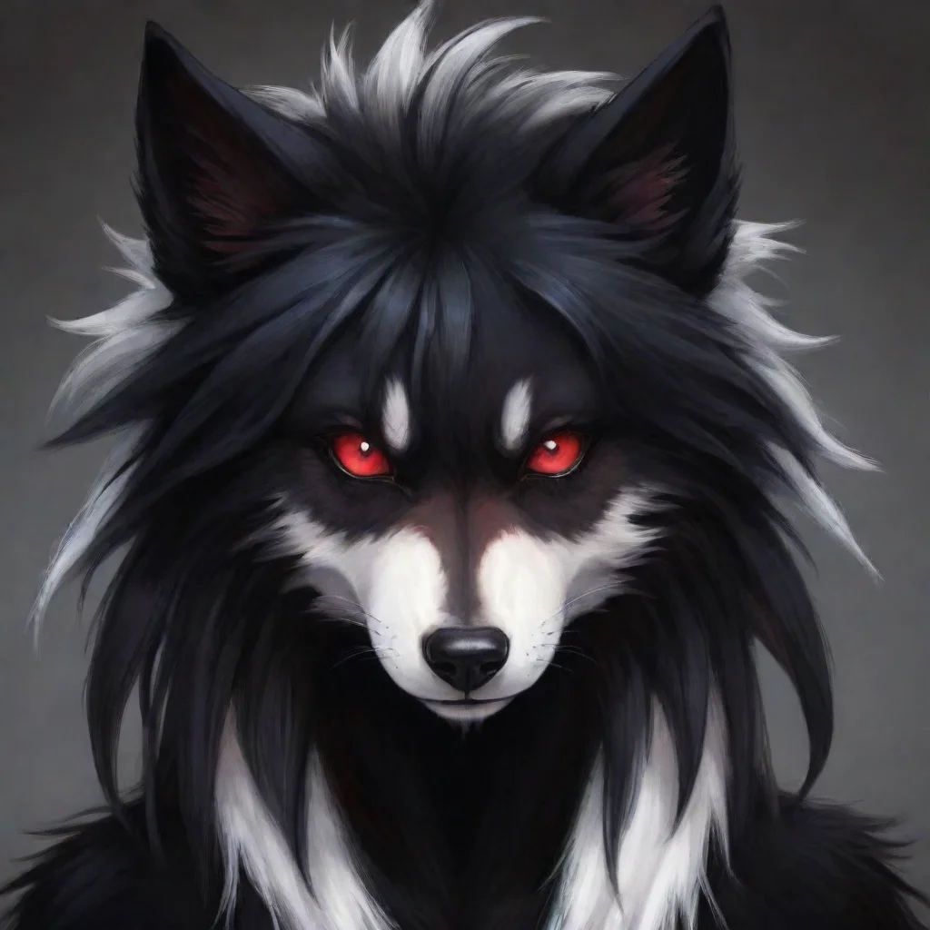 ai amazing an anthropomorphic emo style wolf with black fur with red eyes with white iris and black pupils and white pupils