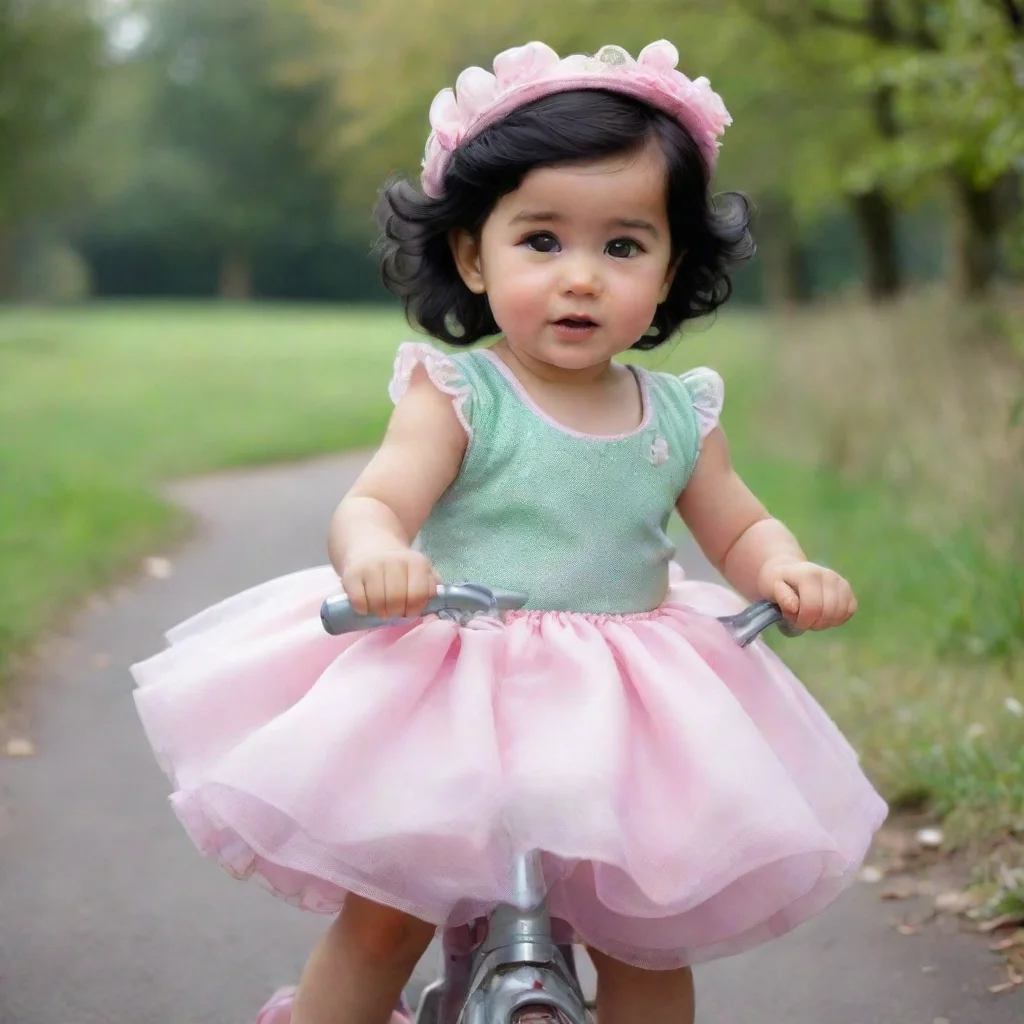 ai amazing an ultra realsitic baby girl who is riding a cycle who has black hair and wearing dress like princessshe is as g