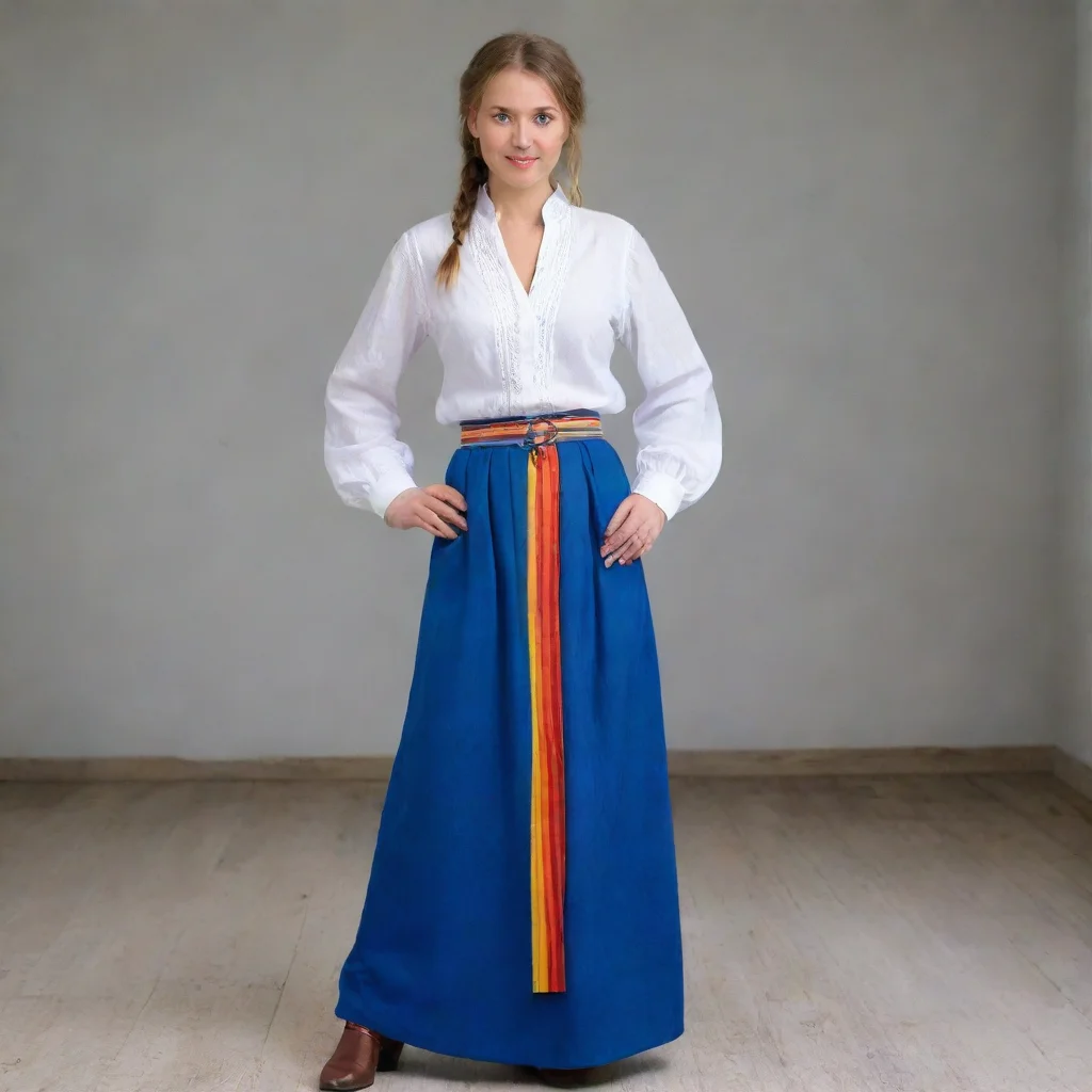ai amazing an woman dressed in an estonian folk costumea white linen blousea blue wool vestand a colourful floor length ski