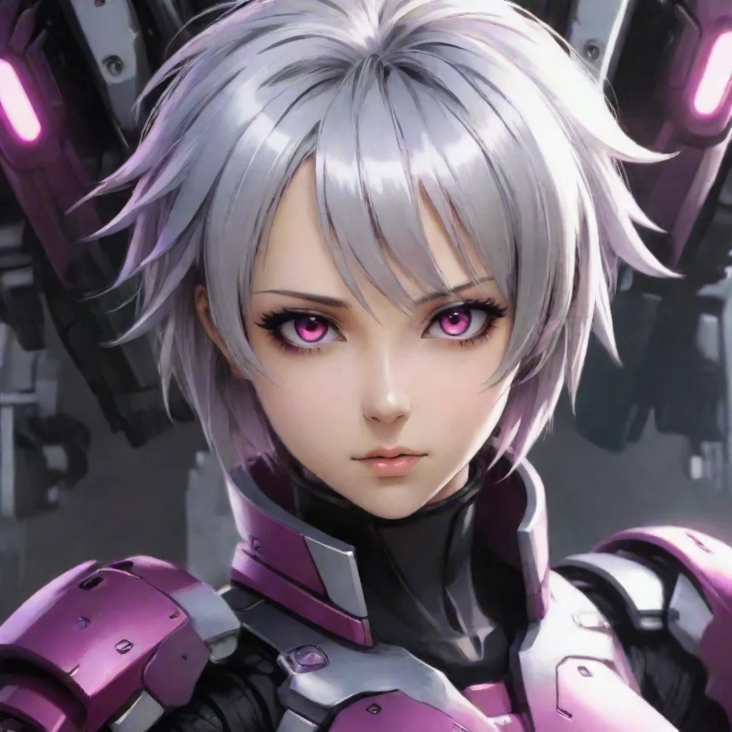 ai amazing android anime girl short silver hair dark magenta eyes sci fi background mecha pilot awesome portrait 2