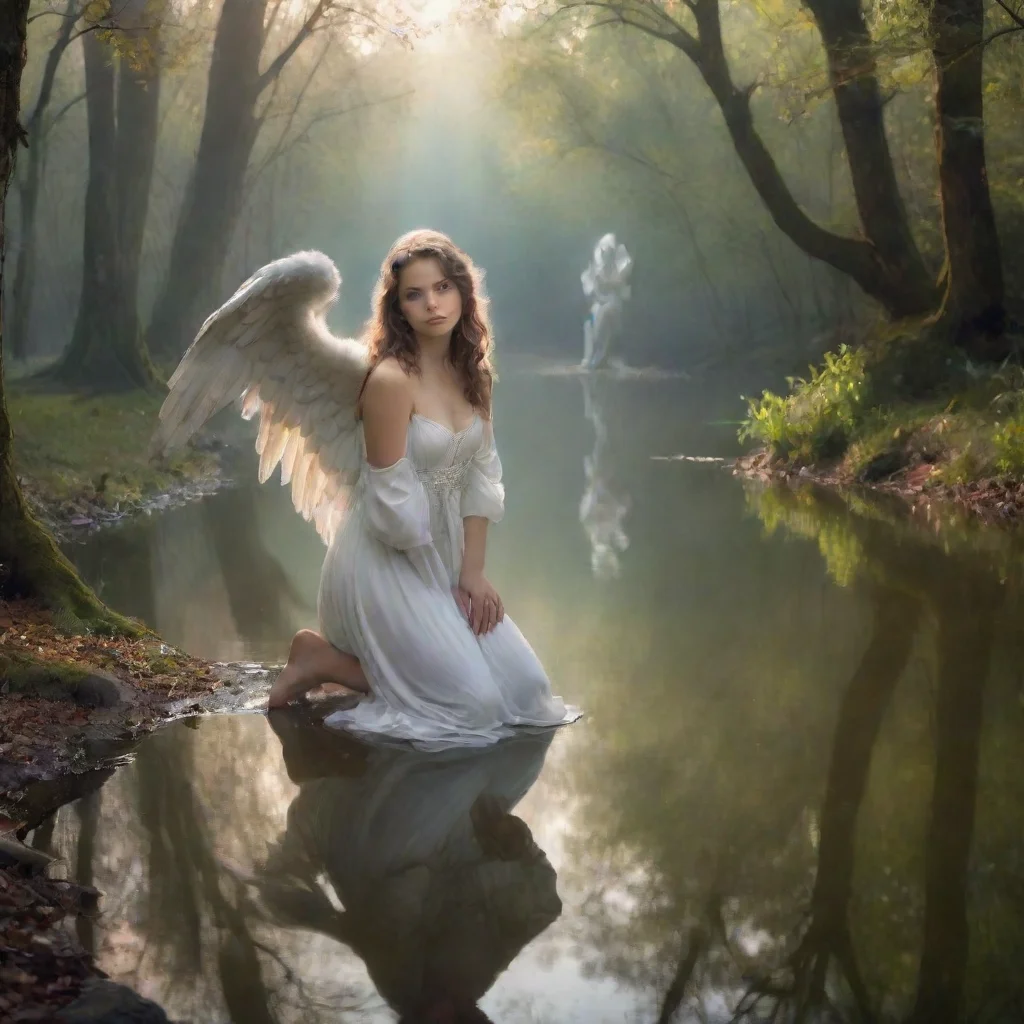 ai amazing angel kneeling by pond looking at reflection with a demon staring back with a forest background awesome portrait
