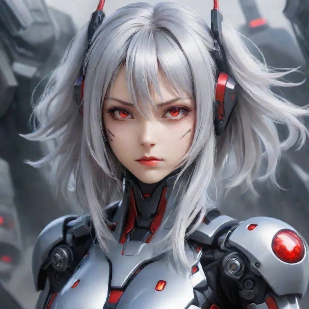 amazing anime android woman red eyes medium silver hair mecha pilot futuristic background awesome portrait 2 wide