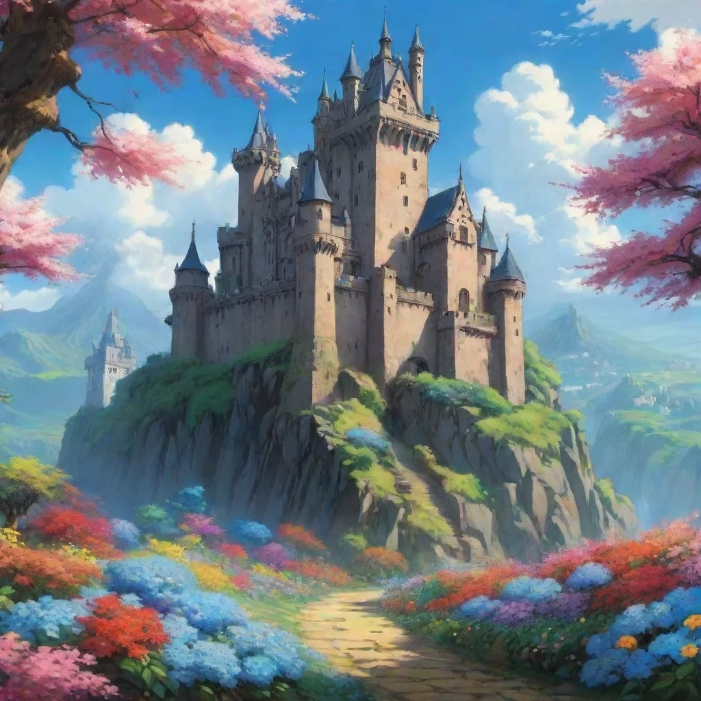 ai amazing anime ghibli hd environment beautiful castle flowers colors wide