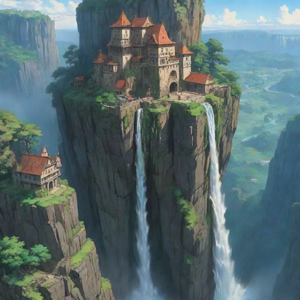 ai amazing anime ghibli towering castle cliff overhang with waterfall hs detailed extreme awesome portrait 2 tall