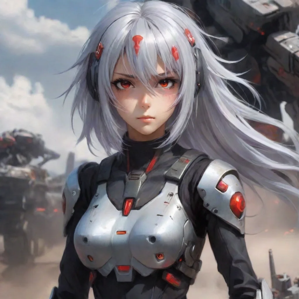 ai amazing anime girl silver hair red eyes mecha pilot in war zone awesome portrait 2 wide