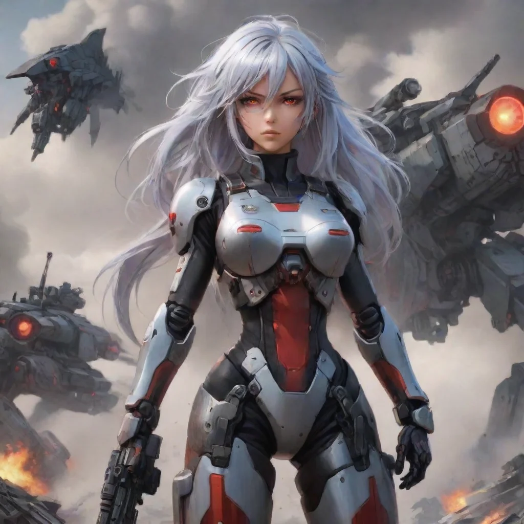 ai amazing anime girl silver hair red eyes mecha pilot with carbine standing in war zone awesome portrait 2 tall