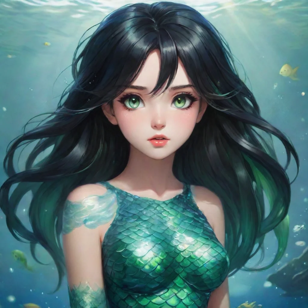ai amazing anime mermaid with black hair and green eyes awesome portrait 2