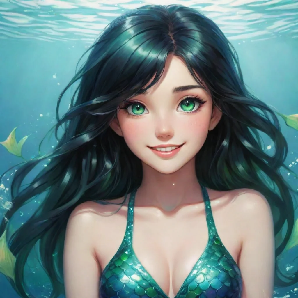 ai amazing anime mermaid with black hair and green eyes smiling awesome portrait 2