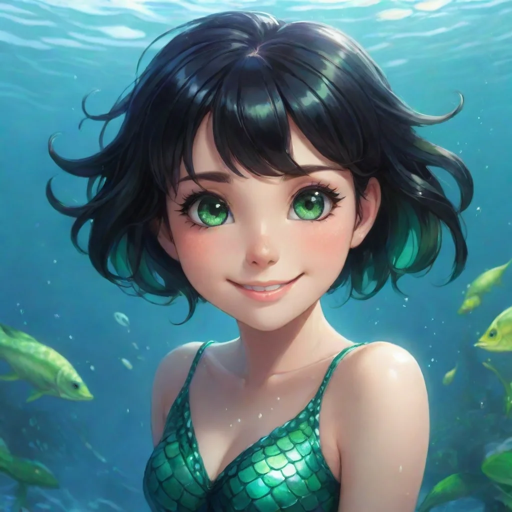ai amazing anime mermaid with short black hair and green eyes smiling awesome portrait 2