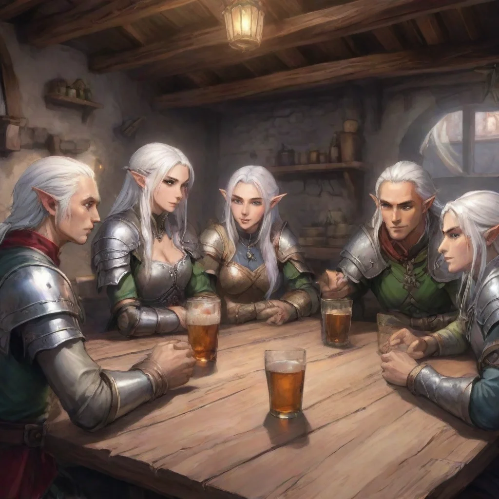 ai amazing anime stylemedieval rpg tavern with many people drinkingclose up on a table where three adventurer having a talk