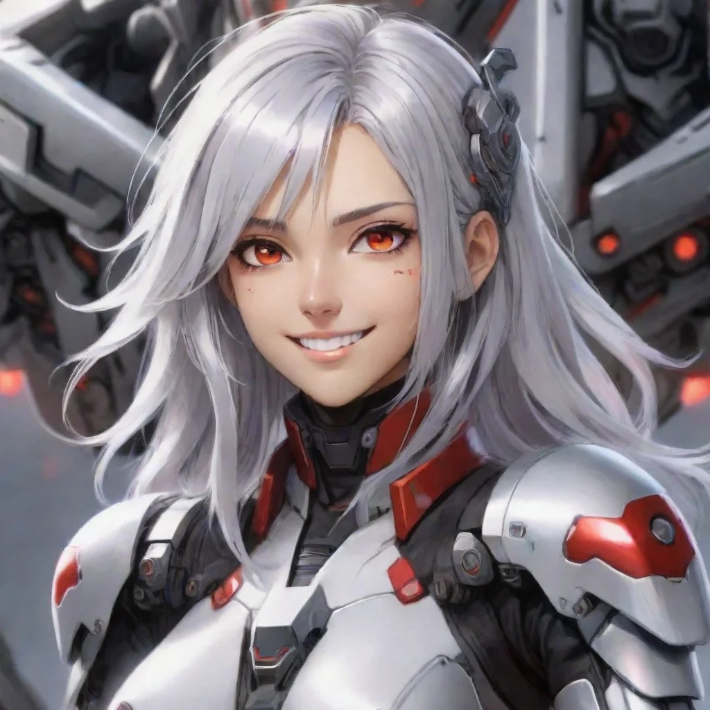 ai amazing anime woman shoulder length silver hair red eyes smiling mecha pilot awesome portrait 2