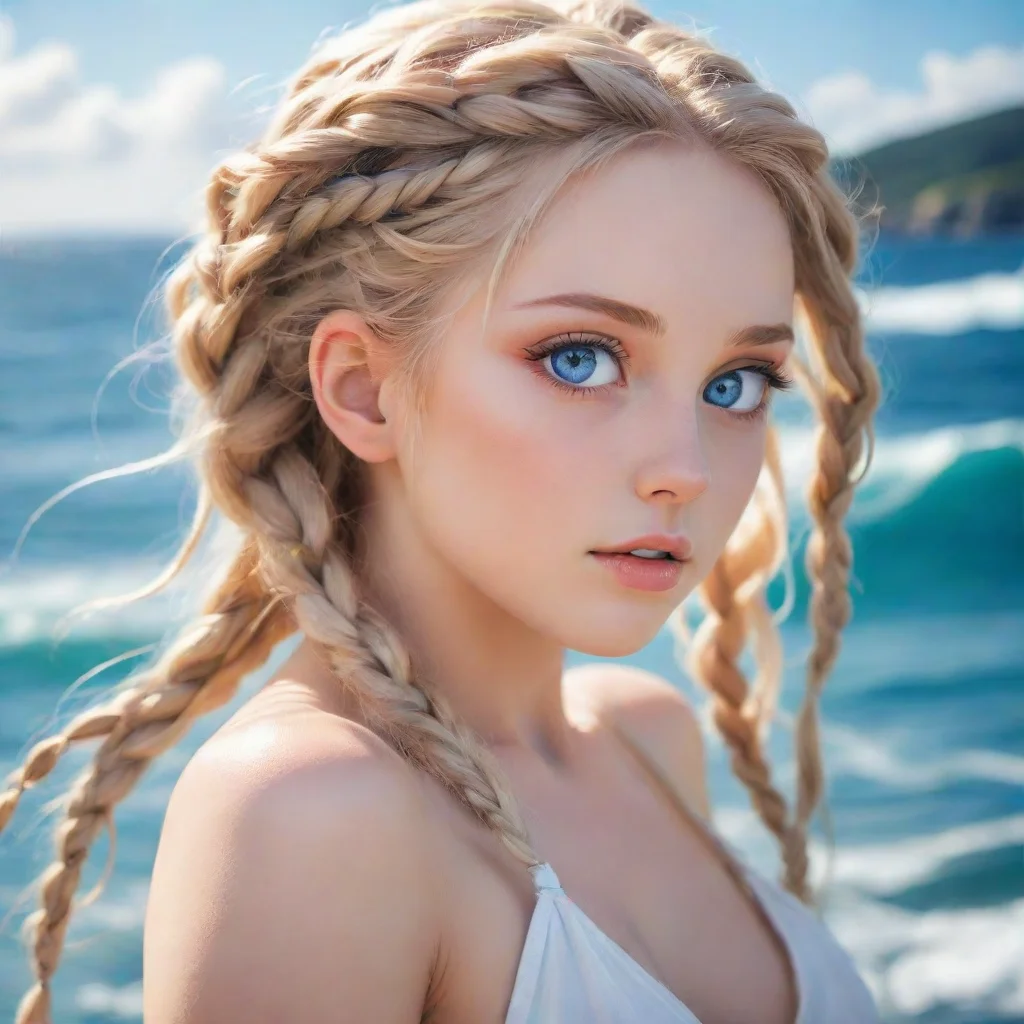  amazing anime young woman with blond hairocean blue eyes with her haif falling down her back with braids awesome portrai