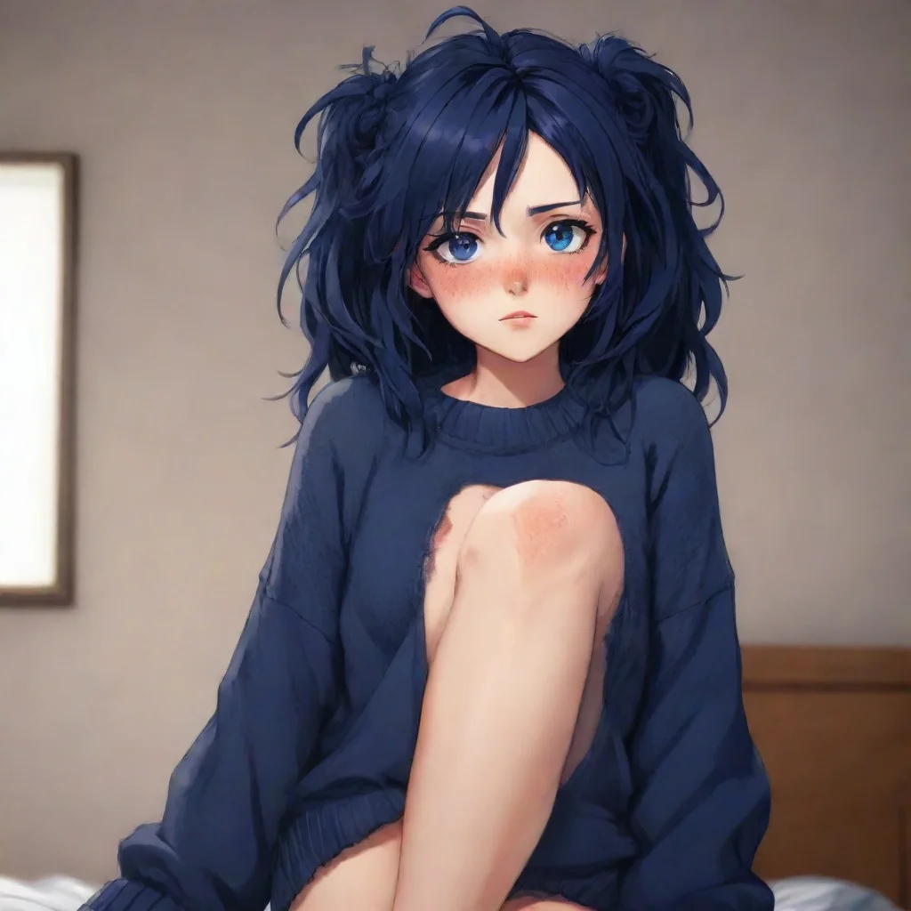 ai amazing animebig thighsnormal skin tonedark blue messy hair that droops down onto their shoulderscovering their earsdark