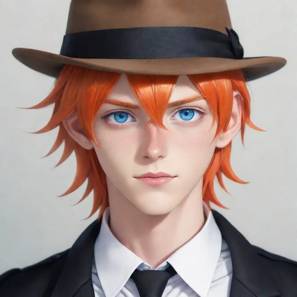 ai amazing animemale blue eyesstriking orange hair that frames facewith a longer section that falls just past his left shou