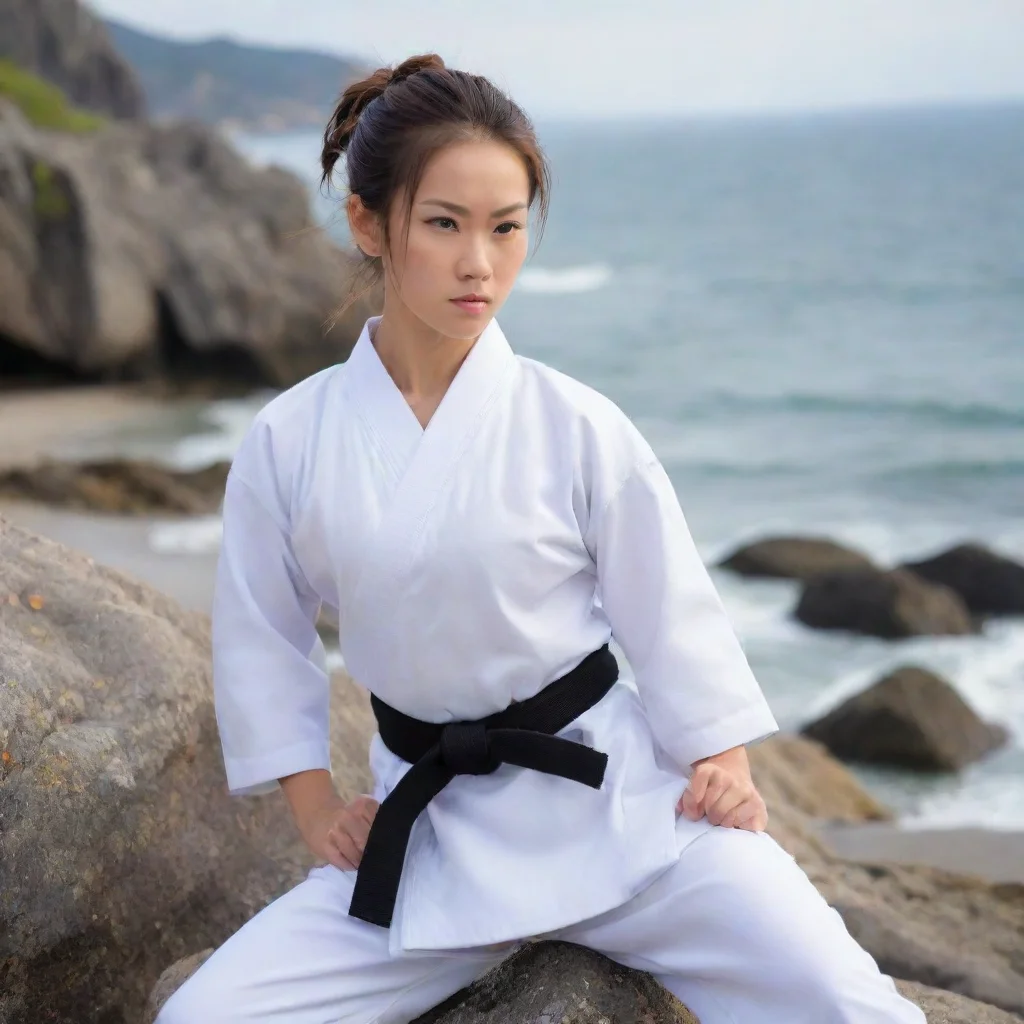 ai amazing aoyagi toya with ponytail stadning in a rock beside the sea wearing a white shirts of karate awesome portrait 2