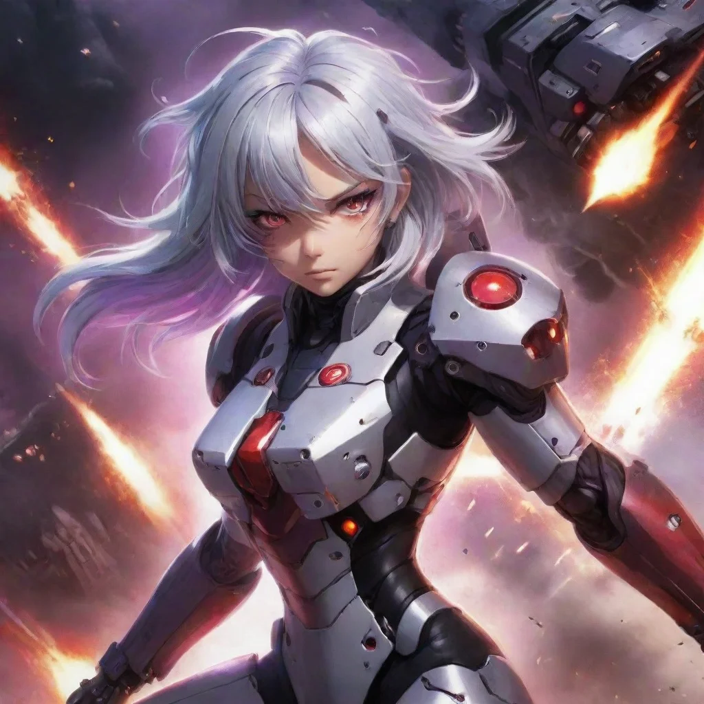 ai amazing armed mecha pilot girlshorter silver hairred purple eyesanime space backgroundbattlecruiserexplosionsfightinglas
