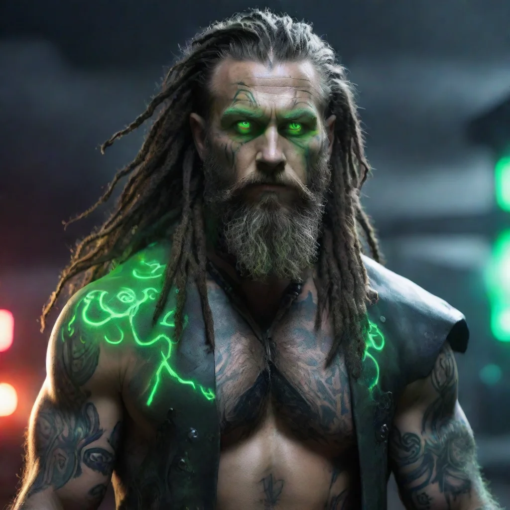 ai amazing bearded dreadlocks cyberpunk neon viking sixpack green glowing tattooed odin raven hugin munin double axe dark w