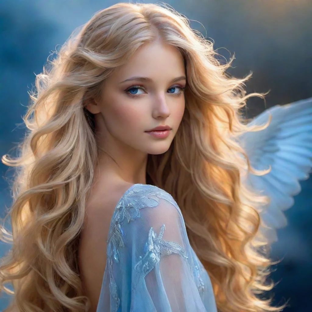 ai amazing beautiful angel with longgolden hair that cascades down her back in soft wavesher eyes are a deep shade of bluea