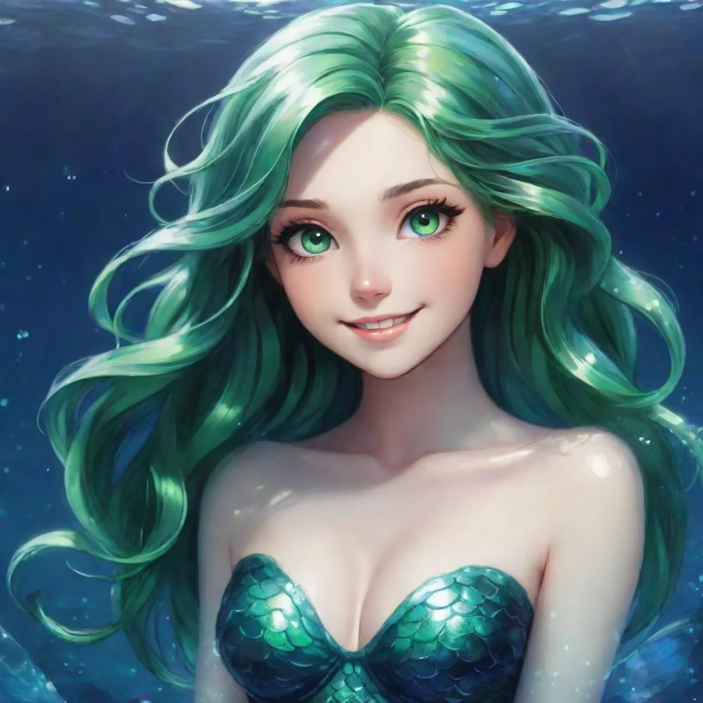 ai amazing beautiful anime mermaid with black and green eyes smiling awesome portrait 2