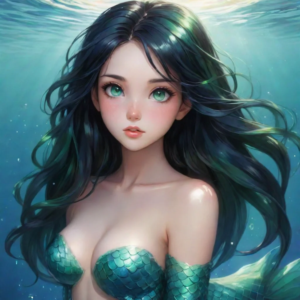 ai amazing beautiful anime mermaid with black hair and and green eyes awesome portrait 2