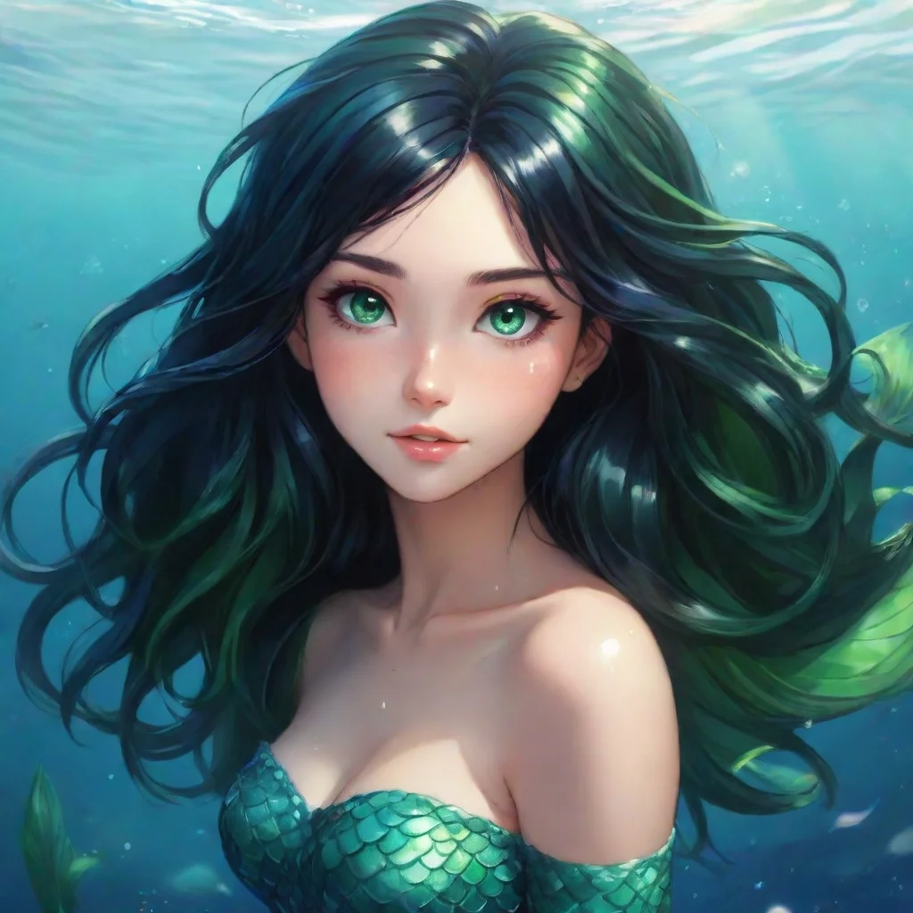 ai amazing beautiful anime mermaid with black hair and green eyes happy awesome portrait 2