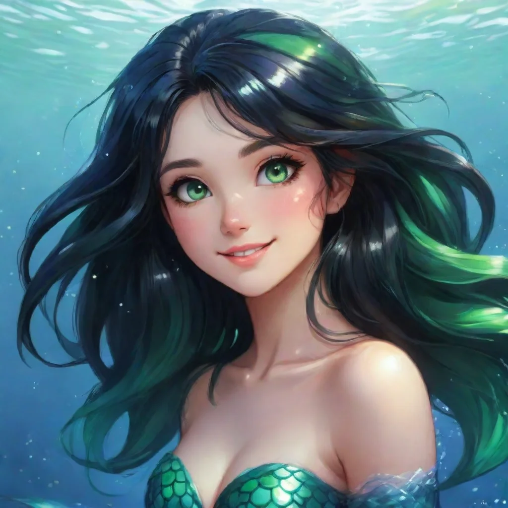 ai amazing beautiful anime mermaid with black hair and green eyes smiling awesome portrait 2