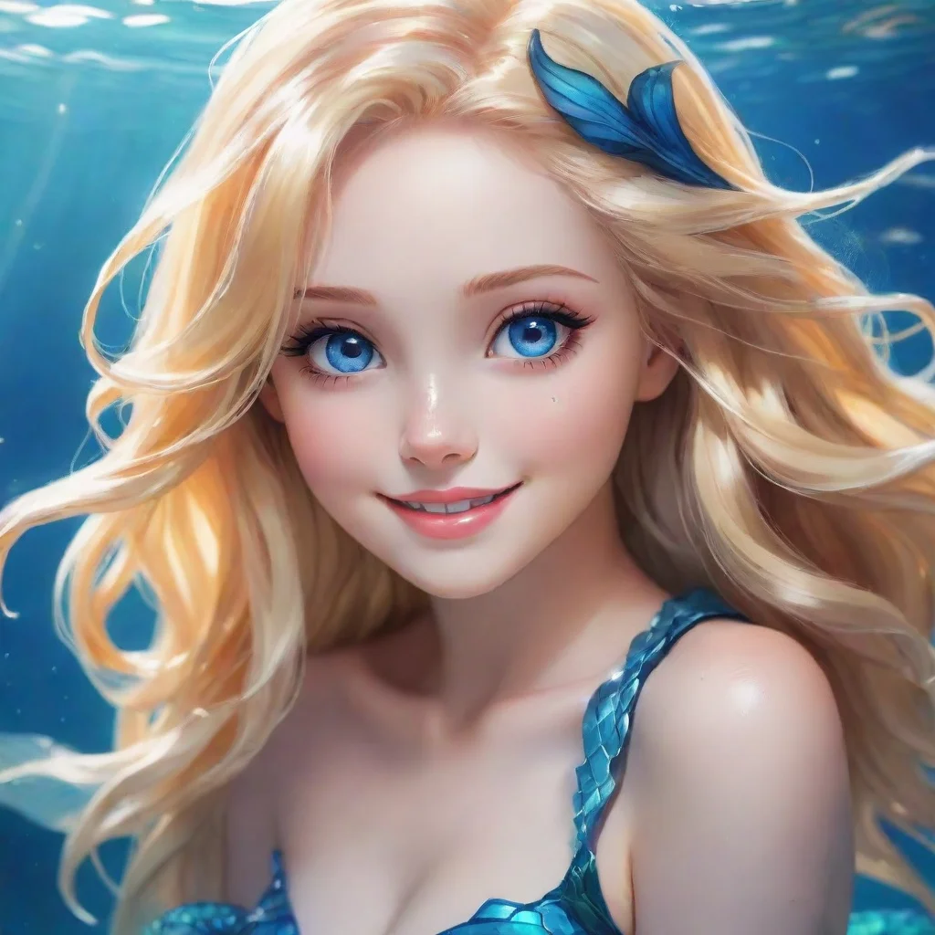ai amazing beautiful blonde anime mermaid with blue eyes smiling awesome portrait 2