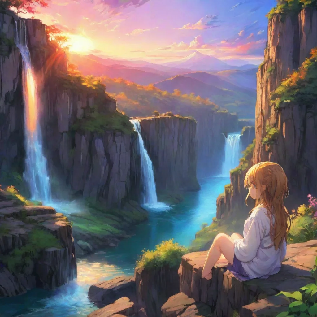 ai amazing beautiful chill anime scene girl sitting relaxing looking over at beautiful landscape water lake cliffs waterfal