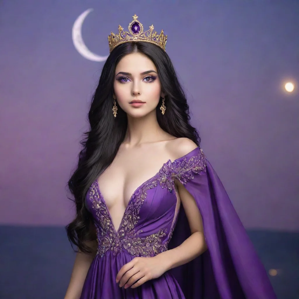  amazing beautiful girl with long black hairviolet almond shaped eyeswearing violet silk evening gown wearing a amethyst 