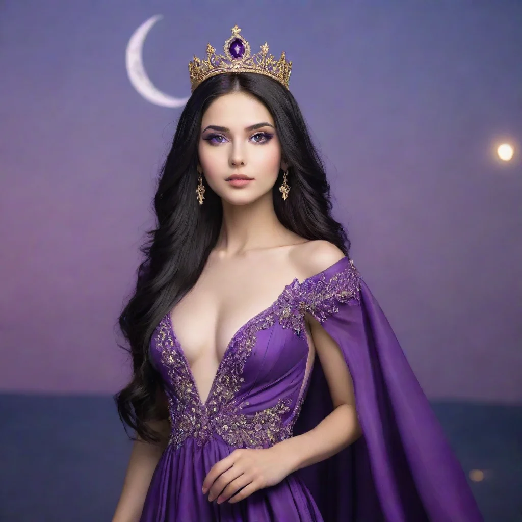 amazing beautiful girl with long black hairviolet almond shaped eyeswearing violet silk evening gown wearing a amethyst 