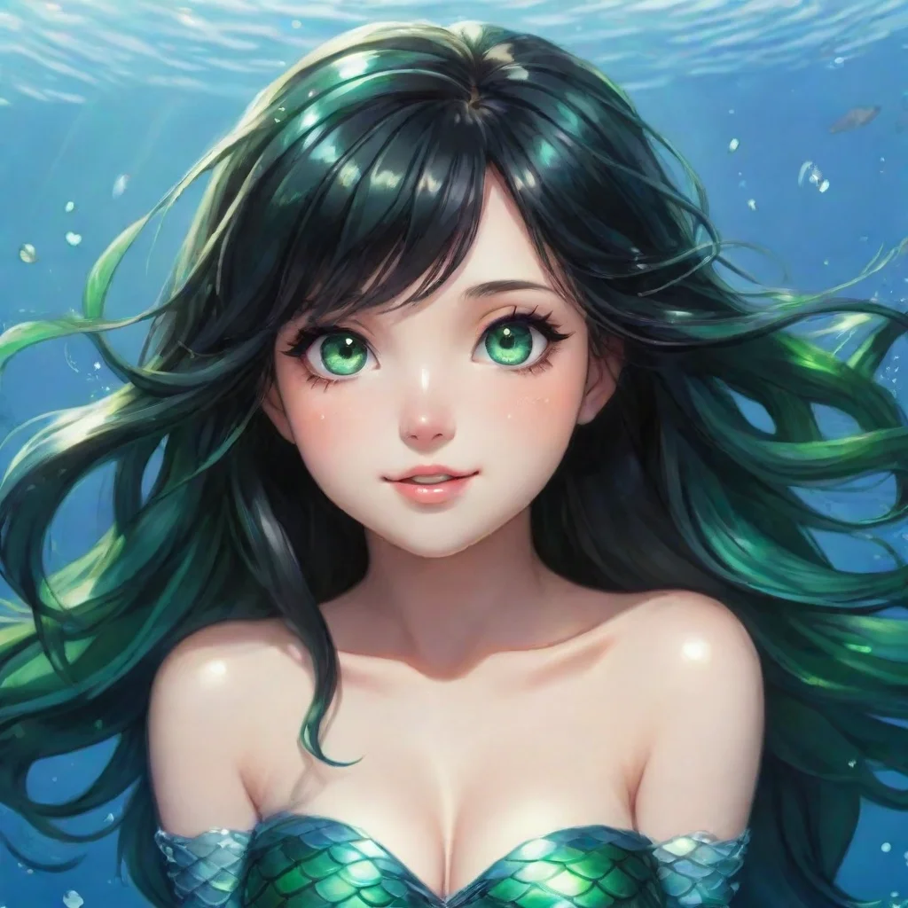 ai amazing beautiful happy anime mermaid with black hair and and green eyes awesome portrait 2