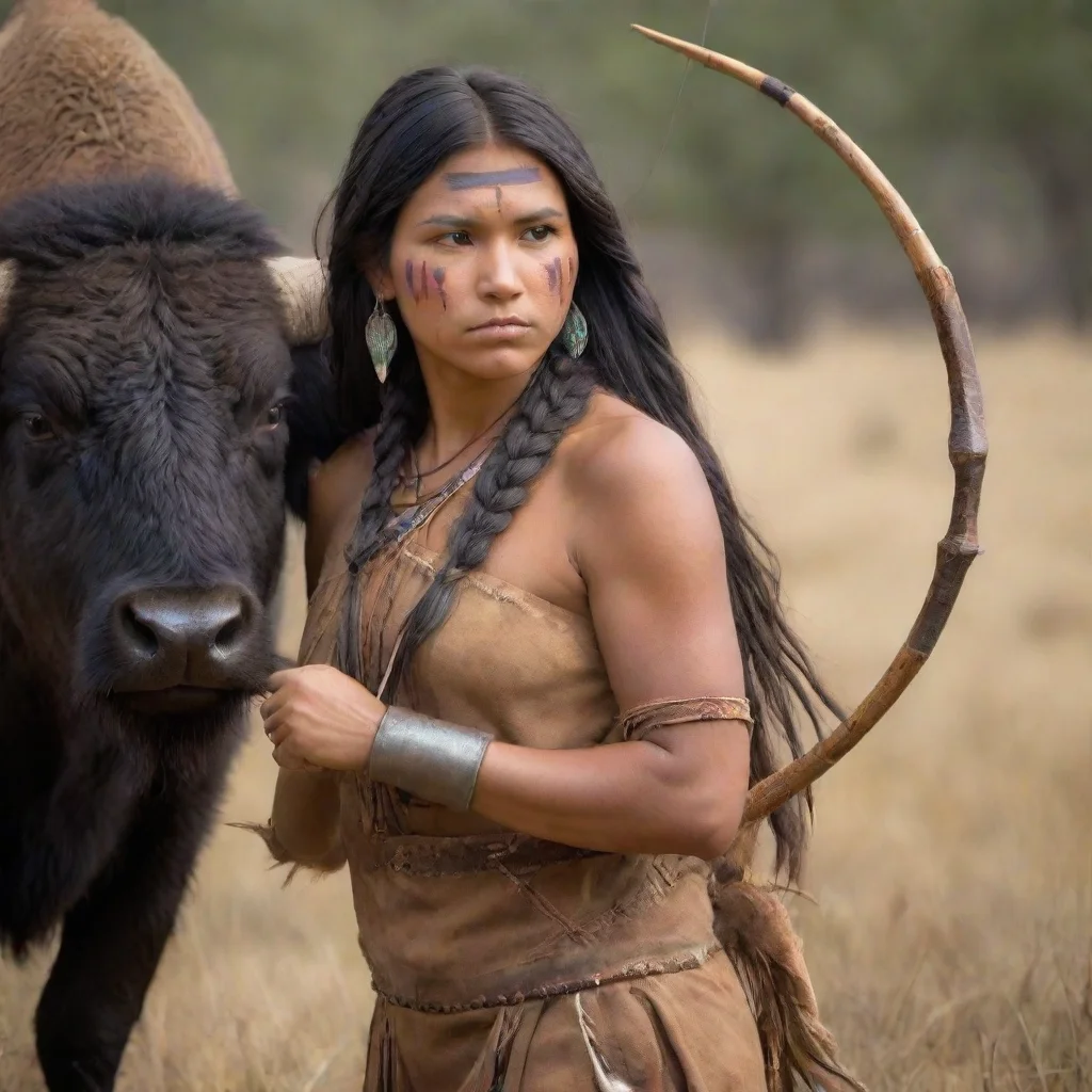 ai amazing beautiful native american female aims buffalo with a bow awesome portrait 2