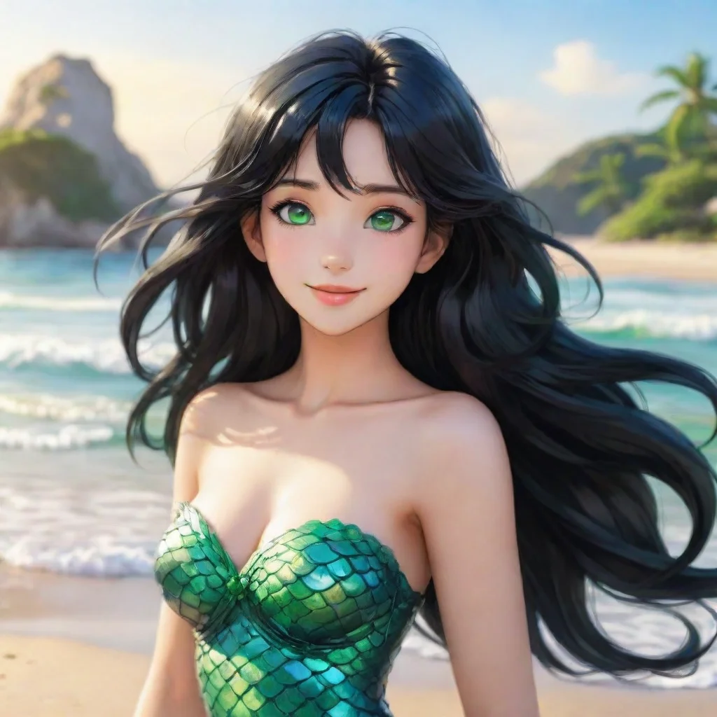 ai amazing beautiful smiliing anime mermaid with black hair and green eyes on the beach awesome portrait 2