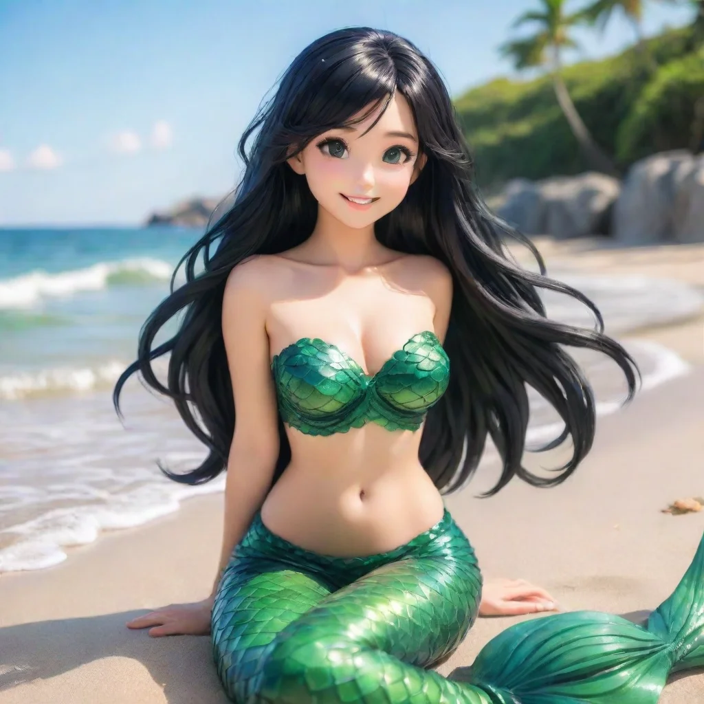 ai amazing beautiful smiling anime mermaid with black hair and green sitting on the beach awesome portrait 2