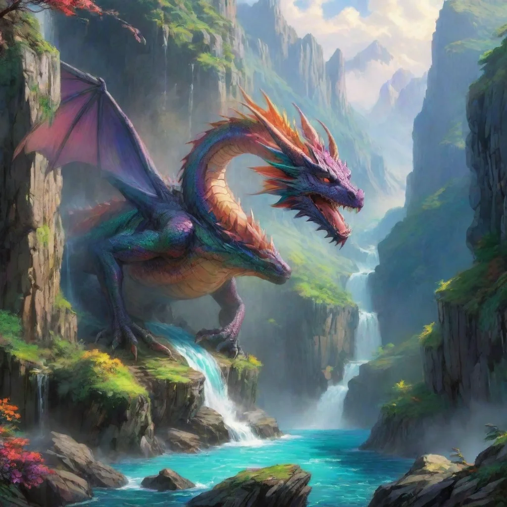 ai amazing beautiful winged dragon colorful dragon ghibli anime hd detailed aesthetic valley cliffs waterfalls awesome port