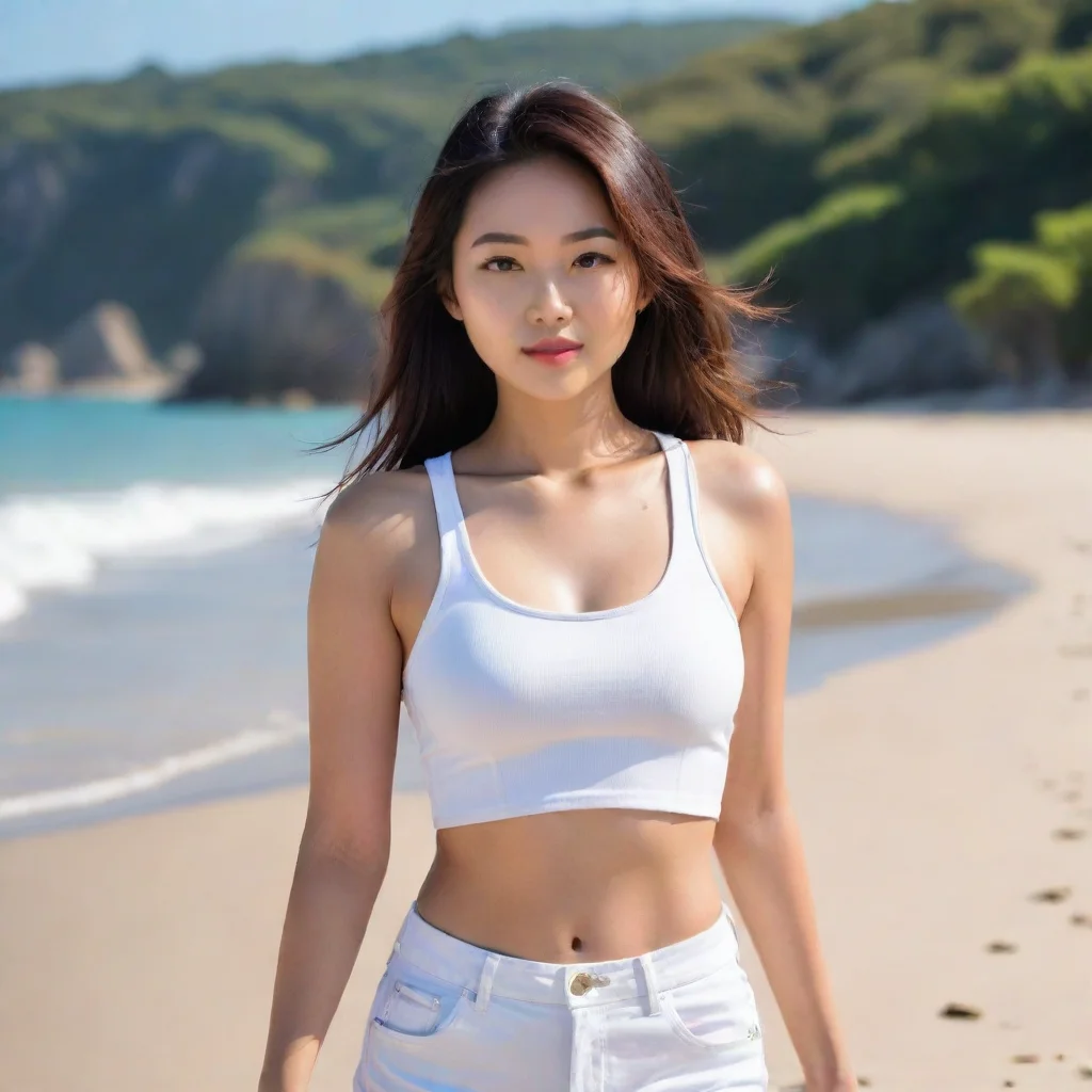 ai amazing beautifulyoung asian woman walking on the beach on a sunny day facing the camerawearing a white crop top awesome