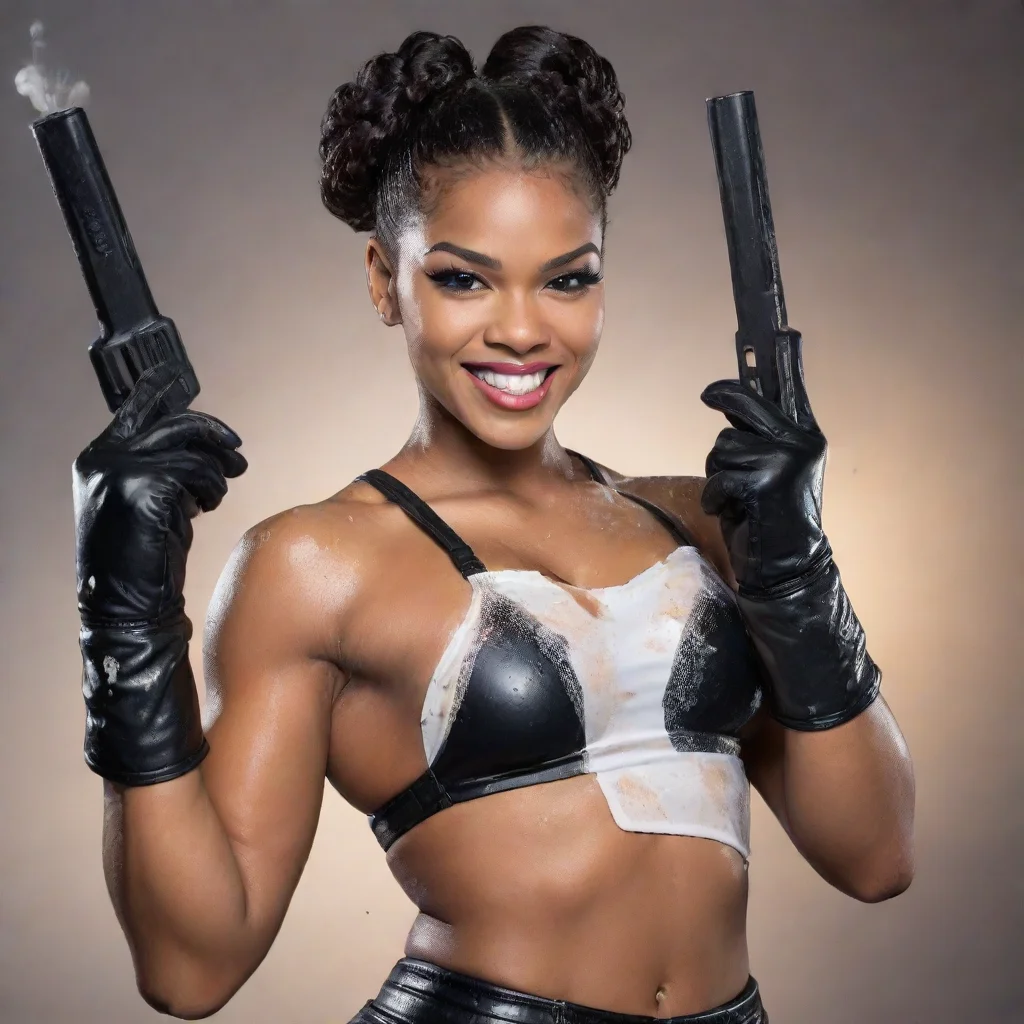  amazing bianca belair smiling with black deluxe gloves and gun and mayonnaise splattered everywhere awesome portrait 2
