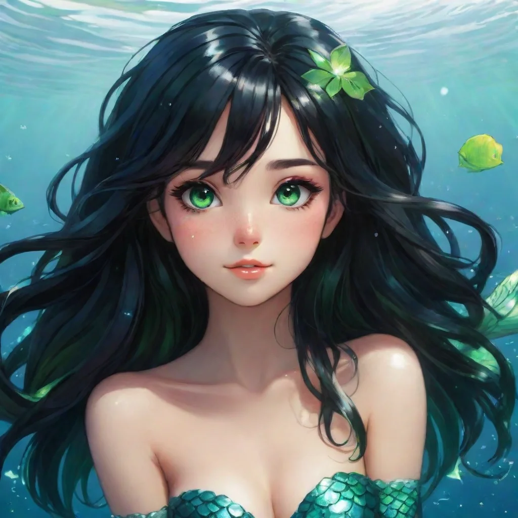 ai amazing black haired anime mermaid with green eyes happy awesome portrait 2