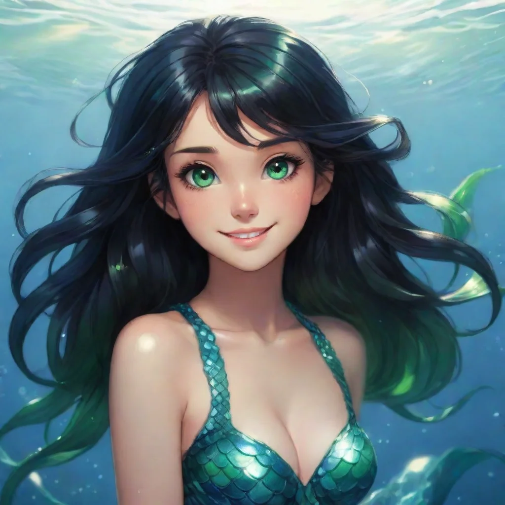 ai amazing black haired anime mermaid with green eyes smiling awesome portrait 2