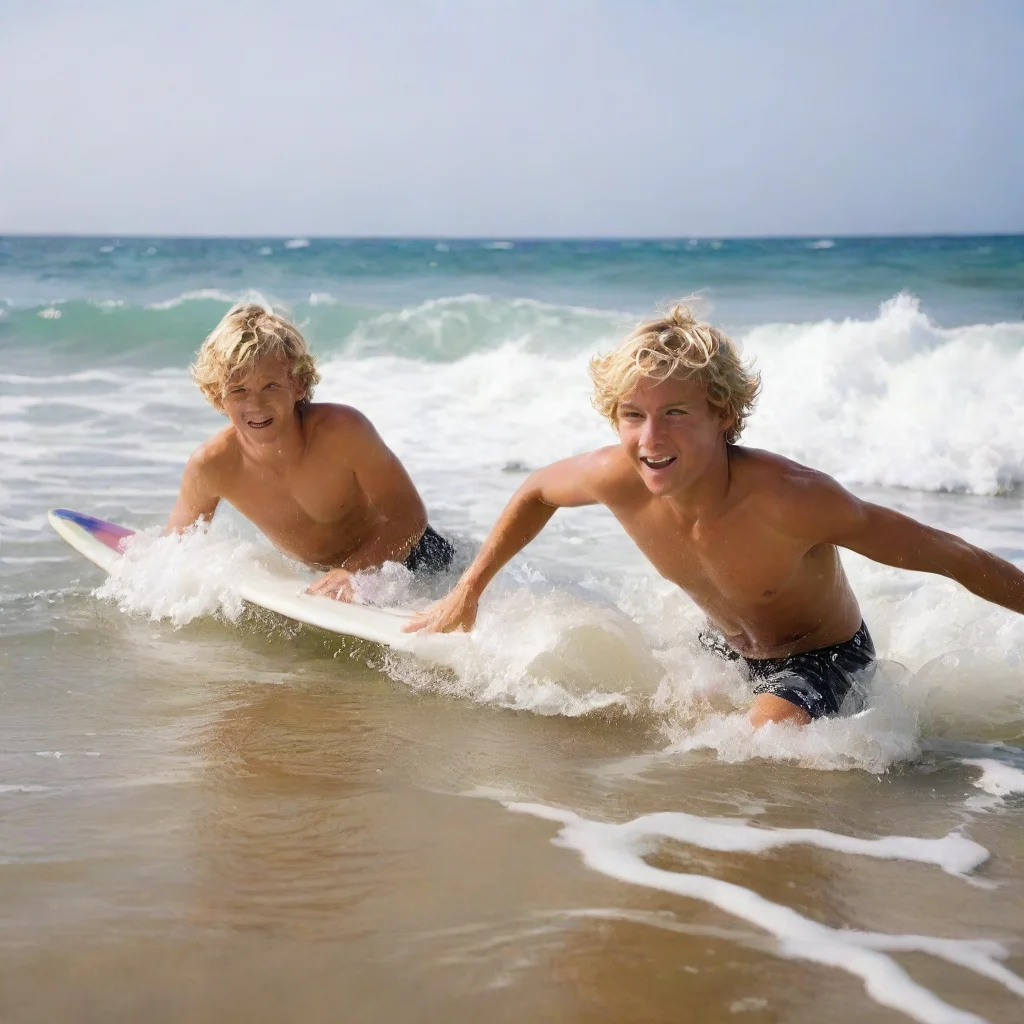 amazing blond surfer boys playing in the waves awesome portrait 2 wide