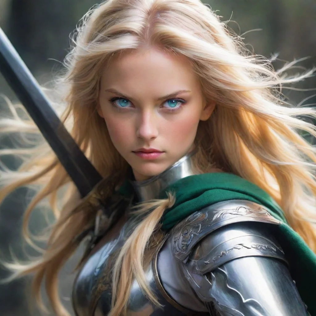 ai amazing blonde swordswoman green blue eyes big sword awesome portrait 2