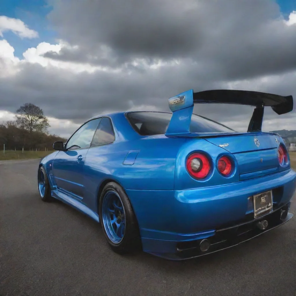 ai amazing blue r34 nissan skyline from behind awesome portrait 2 wide
