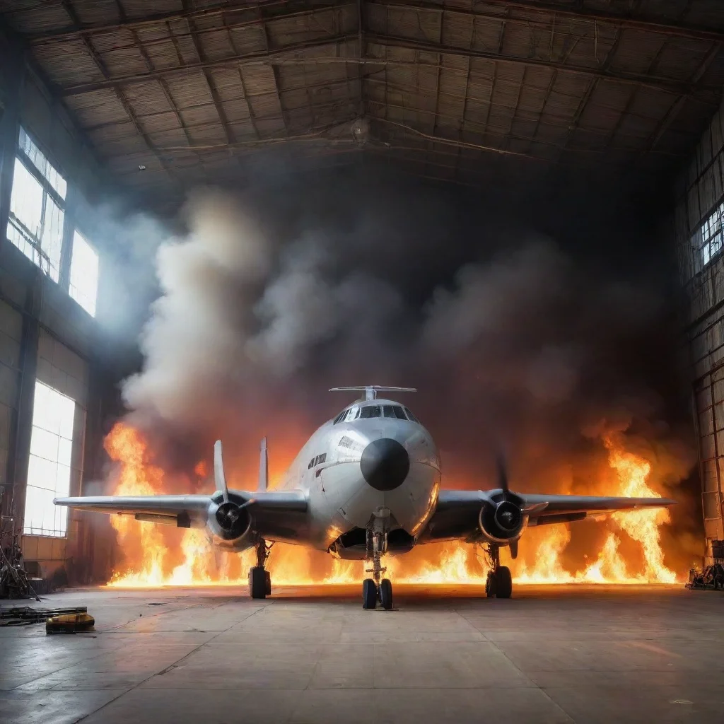 ai amazing burning hangar with huge new aurplane in front awesome portrait 2 wide