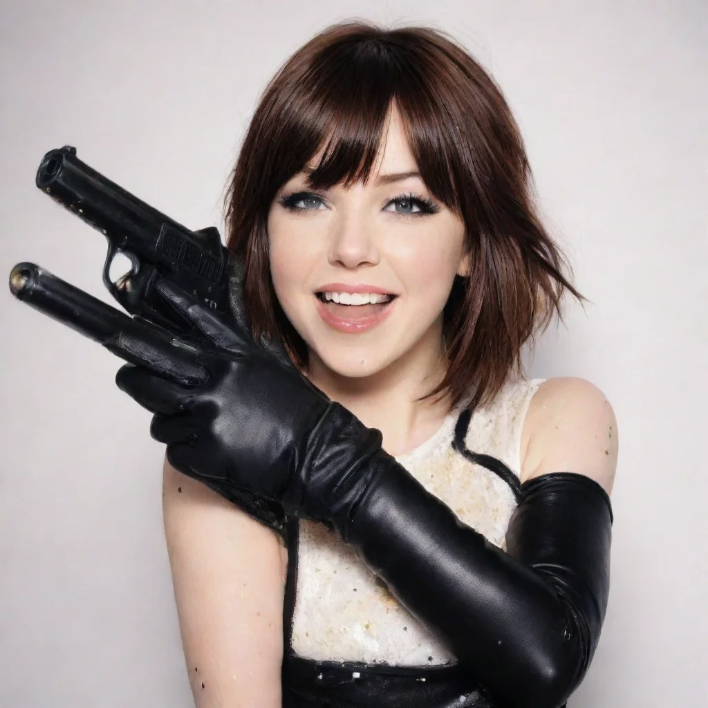 amazing carly rae jepsen good time smiling with black gloves and gun and mayonnaise splattered everywhere awesome portra