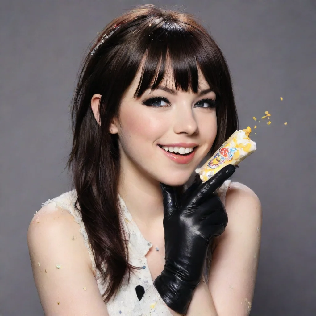 ai amazing carly rae jepsen smiling with blackdeluxe gloves and gun and mayonnaise splattered everywhere awesome portrait 2
