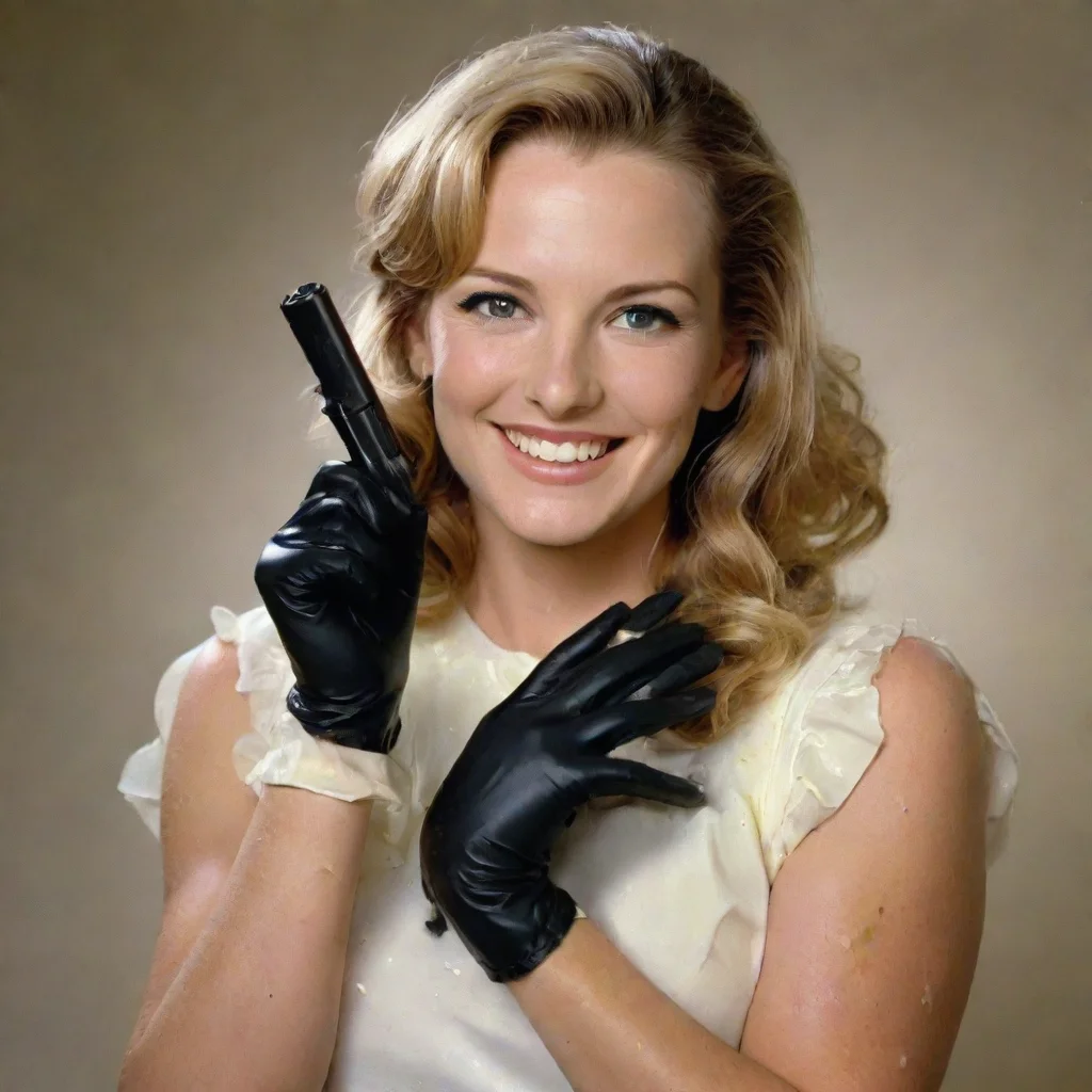 ai amazing carolyn lawrence american actresssmiling with black deluxe nitrile gloves and gun and mayonnaise splattered ever