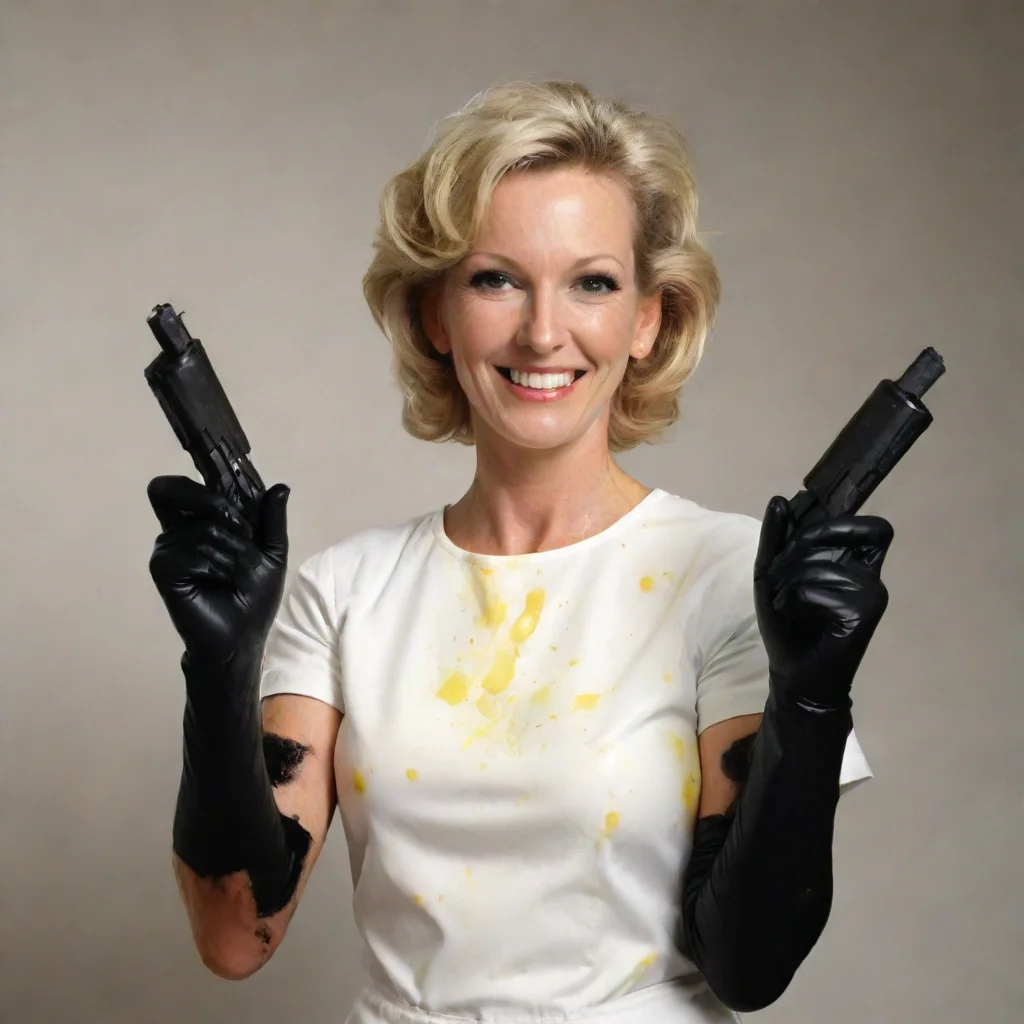  amazing carolyn lawrencesmiling with black deluxe nitrile gloves and gun and mayonnaise splattered everywhere awesome po
