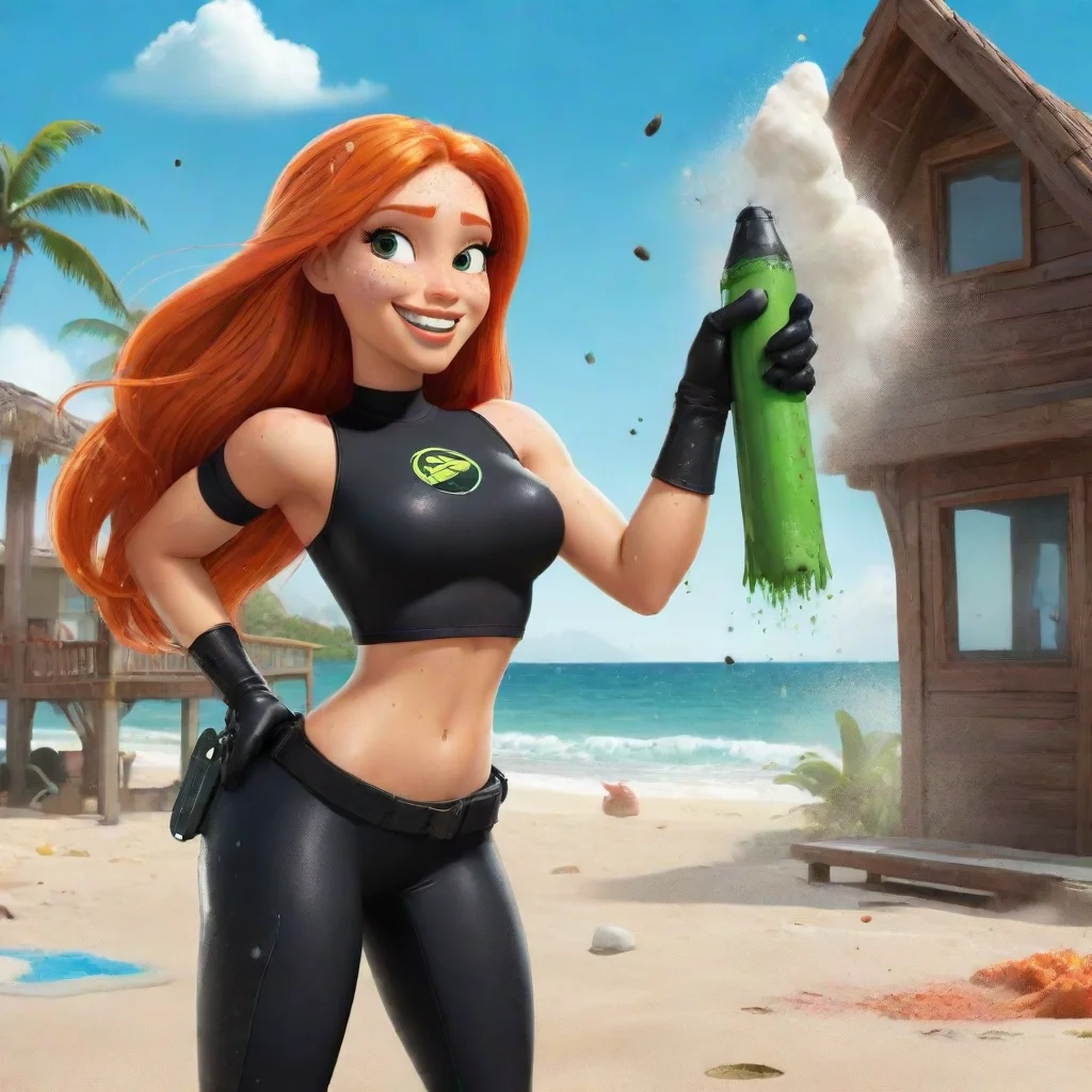 ai amazing cartoon kim possiblesmiling seriously at a beach house in jamaica with black gloves and powerful rocket launcher