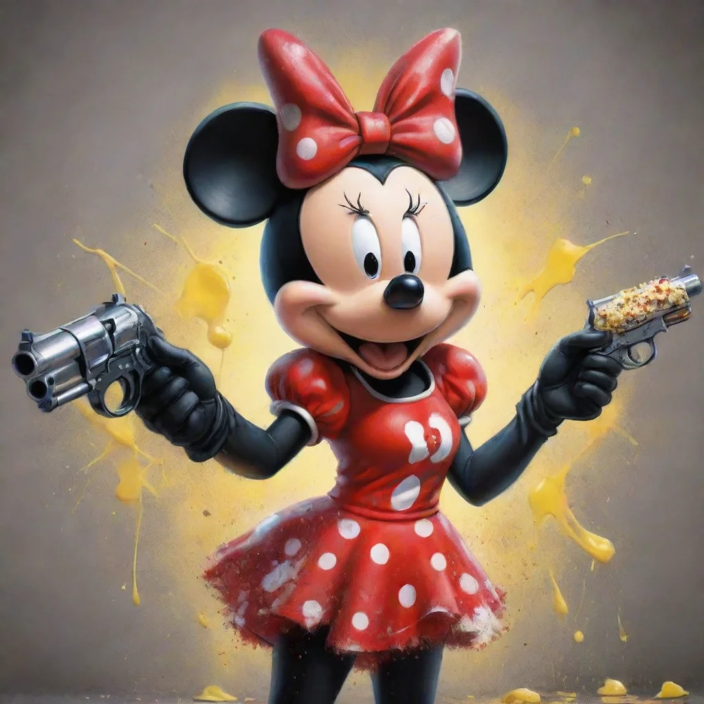ai amazing cartoon minnie mouse from disney with black gloves and gun and mayonnaise splattered everywhere awesome portrait